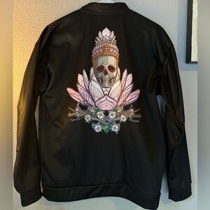 Zen Jen Skull Black Satin Zipper Jacket. Size M. “Sample” W/ minor print flaws.